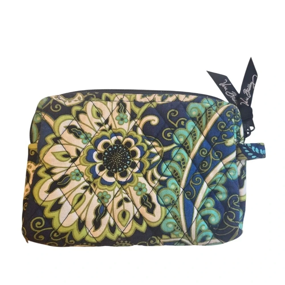 Vera‎ Bradley Cosmetic Bag Makeup Pouch Quilted Paisley Blue Green Boho Grandma